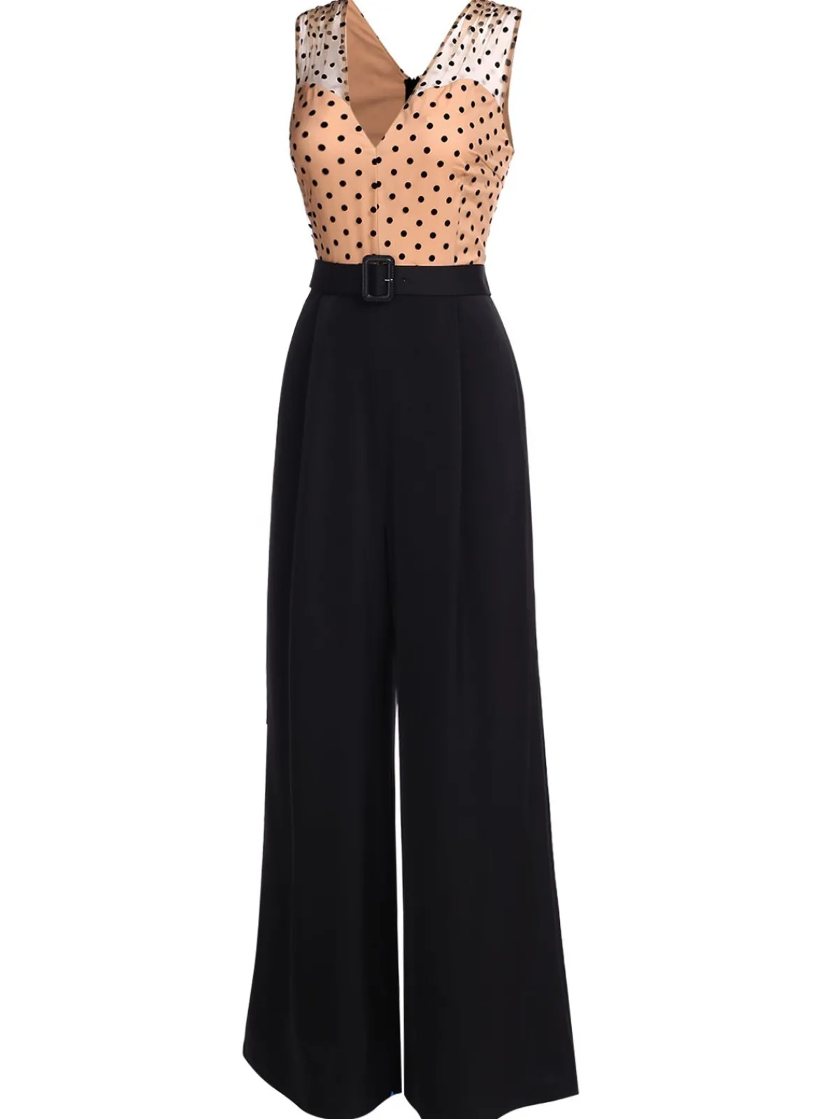 Hot Retro Stage 1930s Polka Dot Patchwork Belt Jumpsuit Black