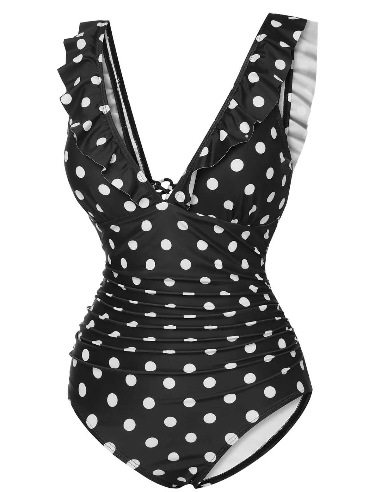 Sale Retro Stage 1950s Polka Dot Ruffle V-Neck Swimsuit Black