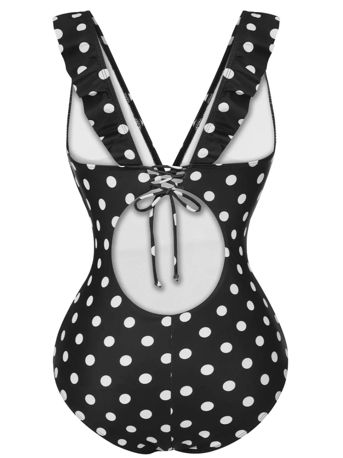 Sale Retro Stage 1950s Polka Dot Ruffle V-Neck Swimsuit Black