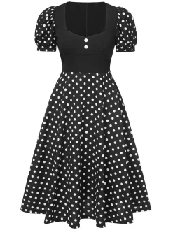 Sale Retro Stage 1940s Polka Dot Scoop Neck Patchwork Dress Black