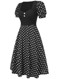 Sale Retro Stage 1940s Polka Dot Scoop Neck Patchwork Dress Black