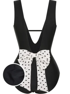 Discount Retro Stage 1950s Polka Dot V-Neck Bow Swimsuit Black
