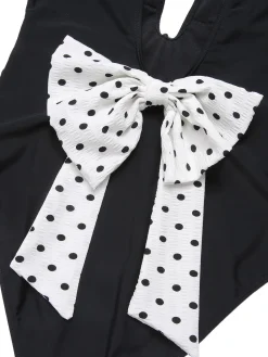 Discount Retro Stage 1950s Polka Dot V-Neck Bow Swimsuit Black