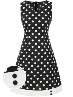 Sale Retro Stage 1960s Polka Dot V-Neck Dress Black