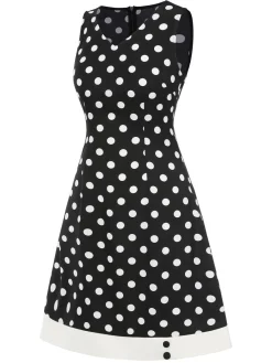 Sale Retro Stage 1960s Polka Dot V-Neck Dress Black