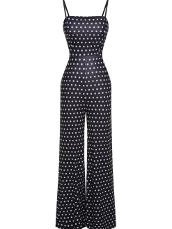 Hot Retro Stage 1940s Polka Dots Back Strap Jumpsuit Black