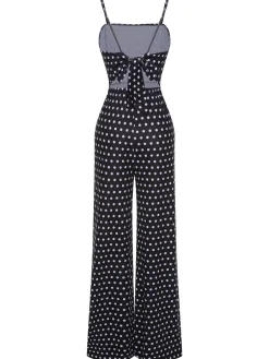 Hot Retro Stage 1940s Polka Dots Back Strap Jumpsuit Black