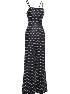Hot Retro Stage 1940s Polka Dots Back Strap Jumpsuit Black