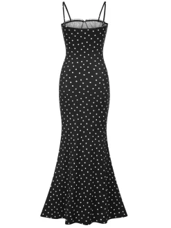 Online Retro Stage 1930s Polka Dots Backless Mermaid Maxi Dress Black