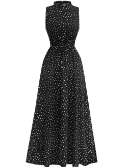 Sale Retro Stage 1930s Polka Dots Chiffon Sleeveless Dress Black