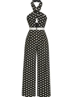 Outlet Retro Stage 1940s Polka Dots Cross Halter Jumpsuit Black