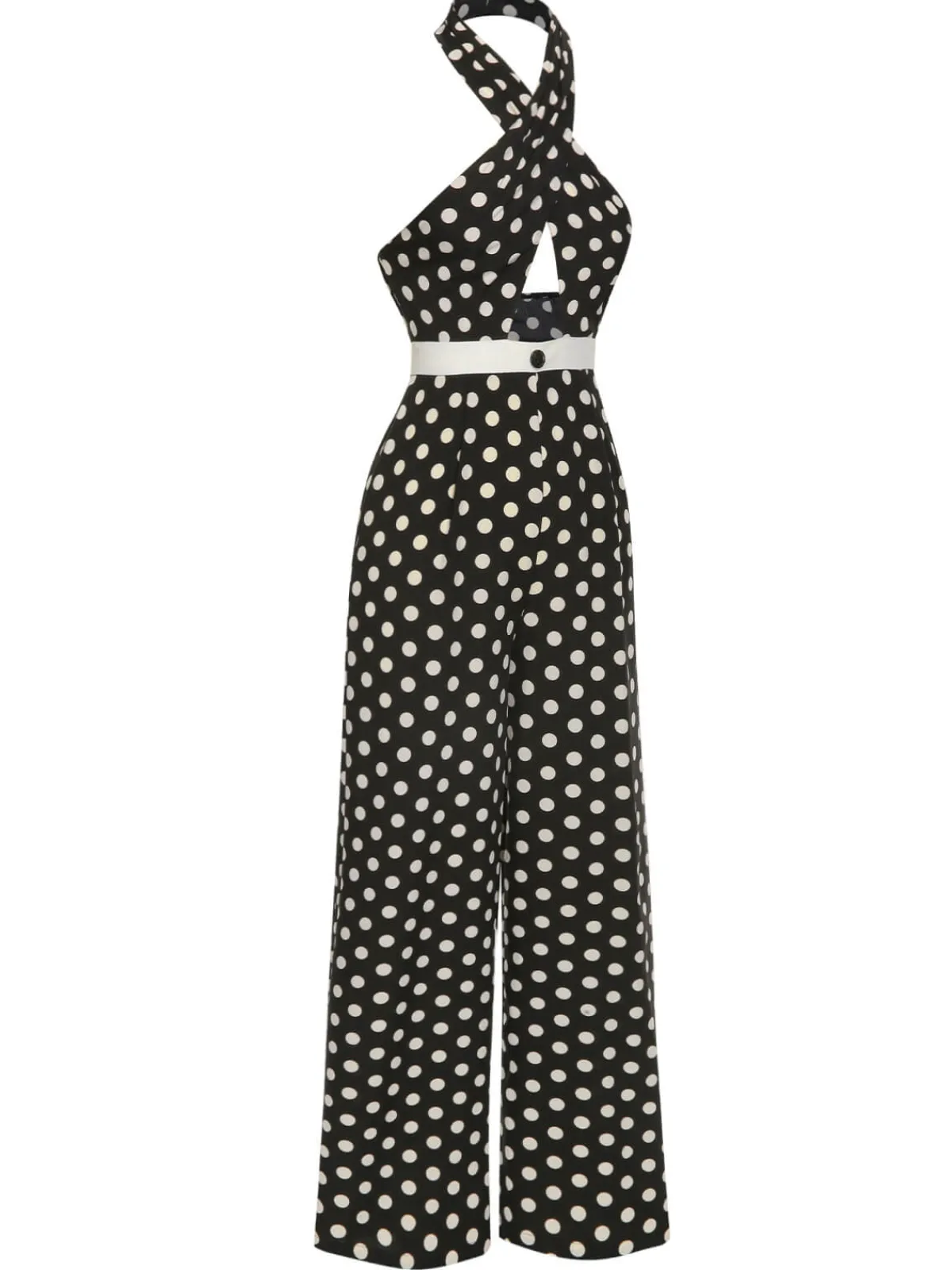 Outlet Retro Stage 1940s Polka Dots Cross Halter Jumpsuit Black