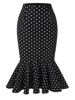 Clearance Retro Stage 1930s Polka Dots Fishtail Skirt Black
