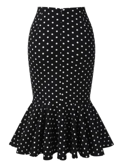 Clearance Retro Stage 1930s Polka Dots Fishtail Skirt Black