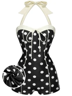 Best Retro Stage 1950s Polka Dots Halter Swimsuit Black