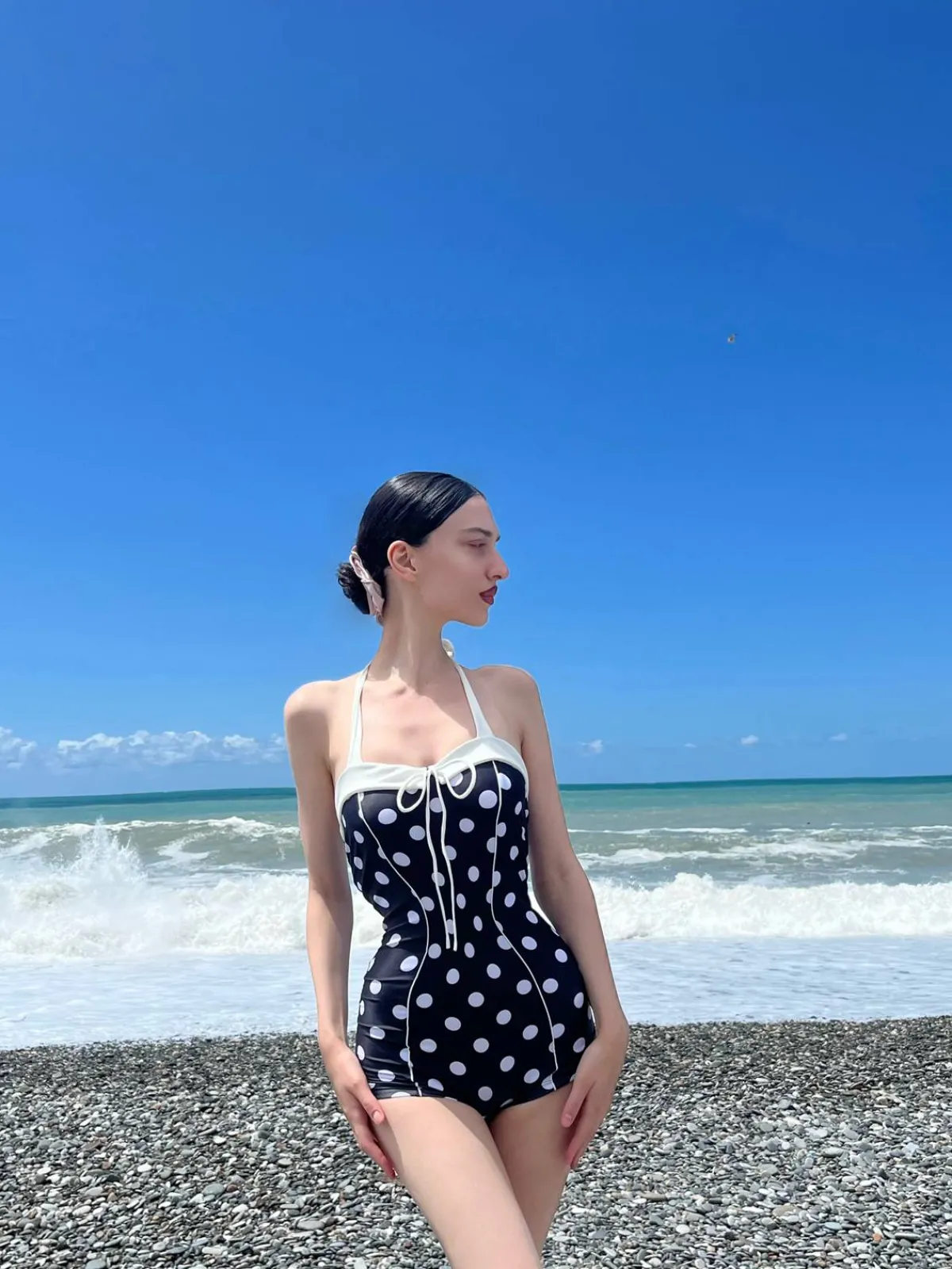 Best Retro Stage 1950s Polka Dots Halter Swimsuit Black