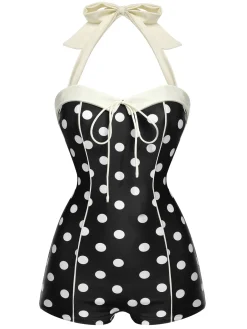 Best Retro Stage 1950s Polka Dots Halter Swimsuit Black