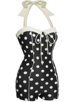 Best Retro Stage 1950s Polka Dots Halter Swimsuit Black