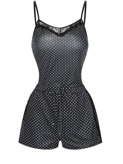 Online Retro Stage 1970s Polka Dots Lace Patchwork Pajamas Black