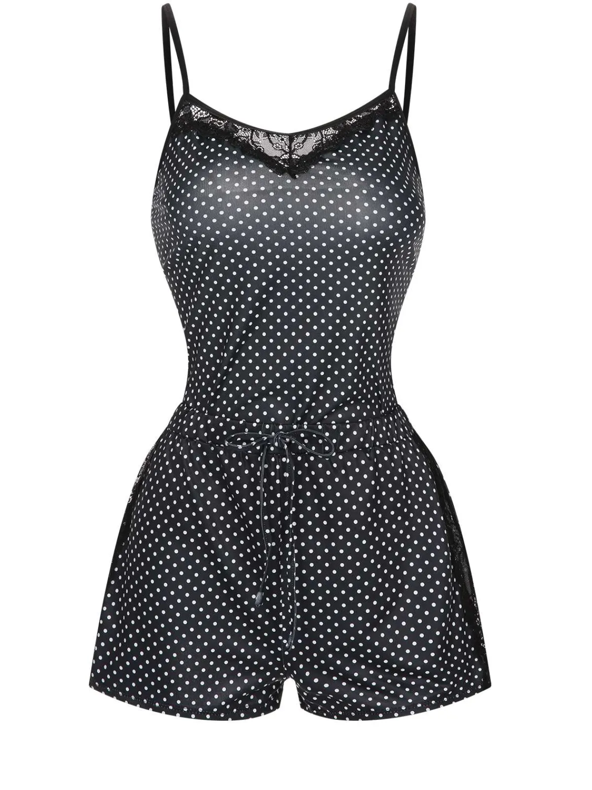 Online Retro Stage 1970s Polka Dots Lace Patchwork Pajamas Black