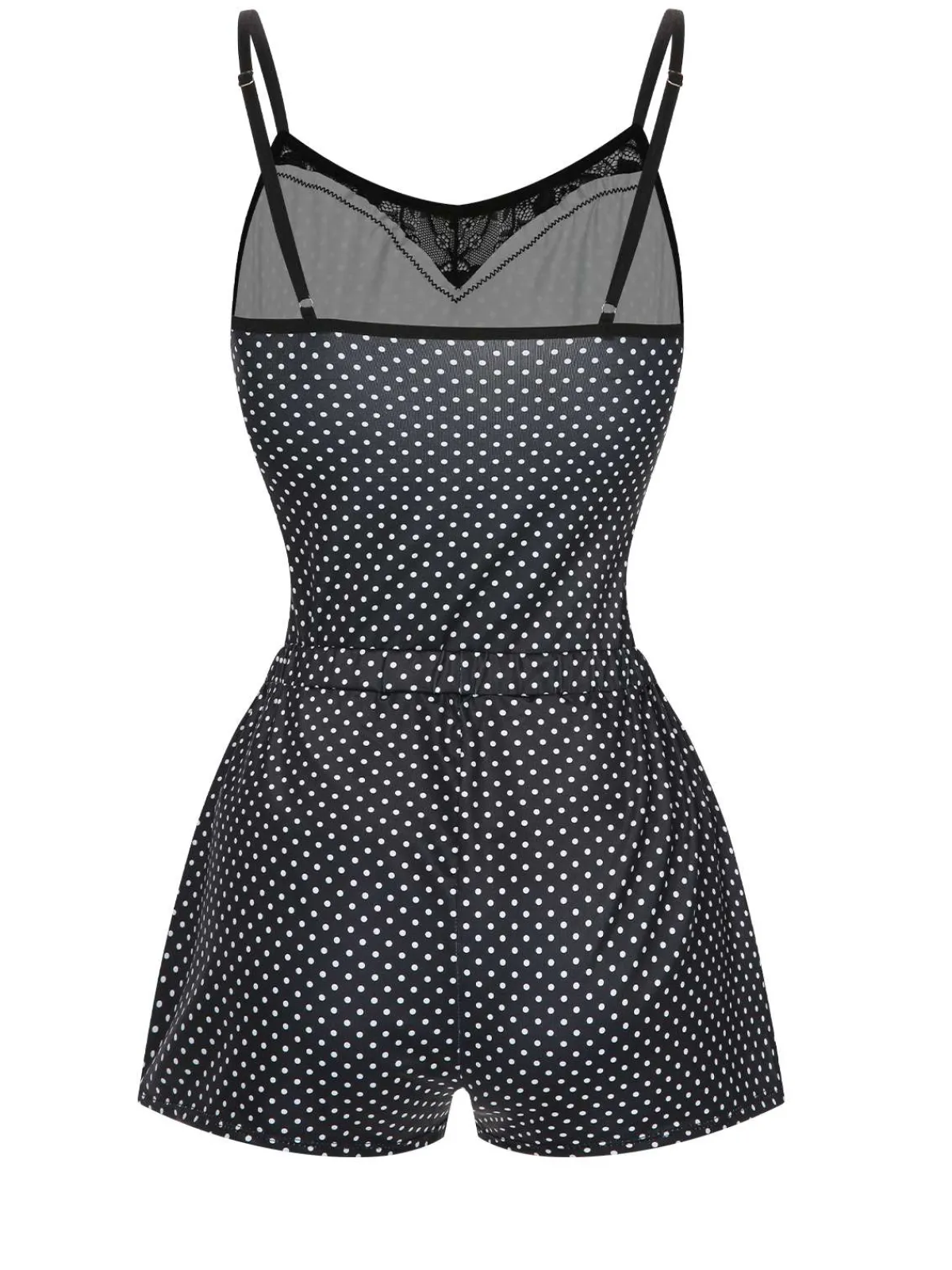 Online Retro Stage 1970s Polka Dots Lace Patchwork Pajamas Black