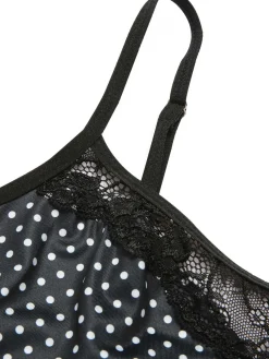 Online Retro Stage 1970s Polka Dots Lace Patchwork Pajamas Black