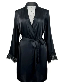 Clearance Retro Stage 1930s Polka Dots Lace Satin Robes Black