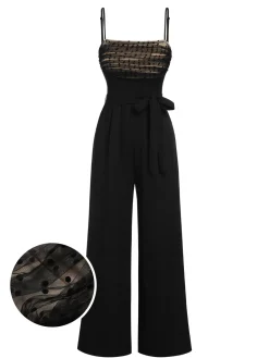 New Retro Stage 1930s Polka Dots Mesh Spaghetti Straps Jumpsuit Black