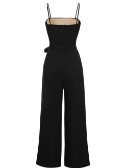New Retro Stage 1930s Polka Dots Mesh Spaghetti Straps Jumpsuit Black