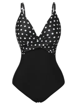 New Retro Stage 1930s Polka Dots One-Piece Swimsuit Black