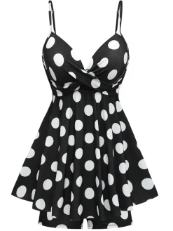 Clearance Retro Stage 1950s Polka Dots One-Piece Swim Dress Black