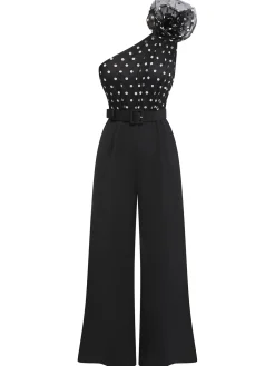 Discount Retro Stage 1930s Polka Dots Patchwork Jumpsuit Black