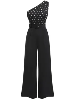 Discount Retro Stage 1930s Polka Dots Patchwork Jumpsuit Black