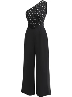 Discount Retro Stage 1930s Polka Dots Patchwork Jumpsuit Black