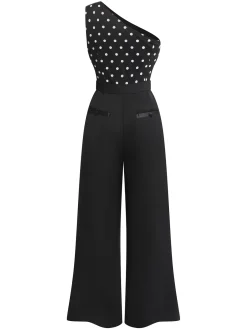 Discount Retro Stage 1930s Polka Dots Patchwork Jumpsuit Black