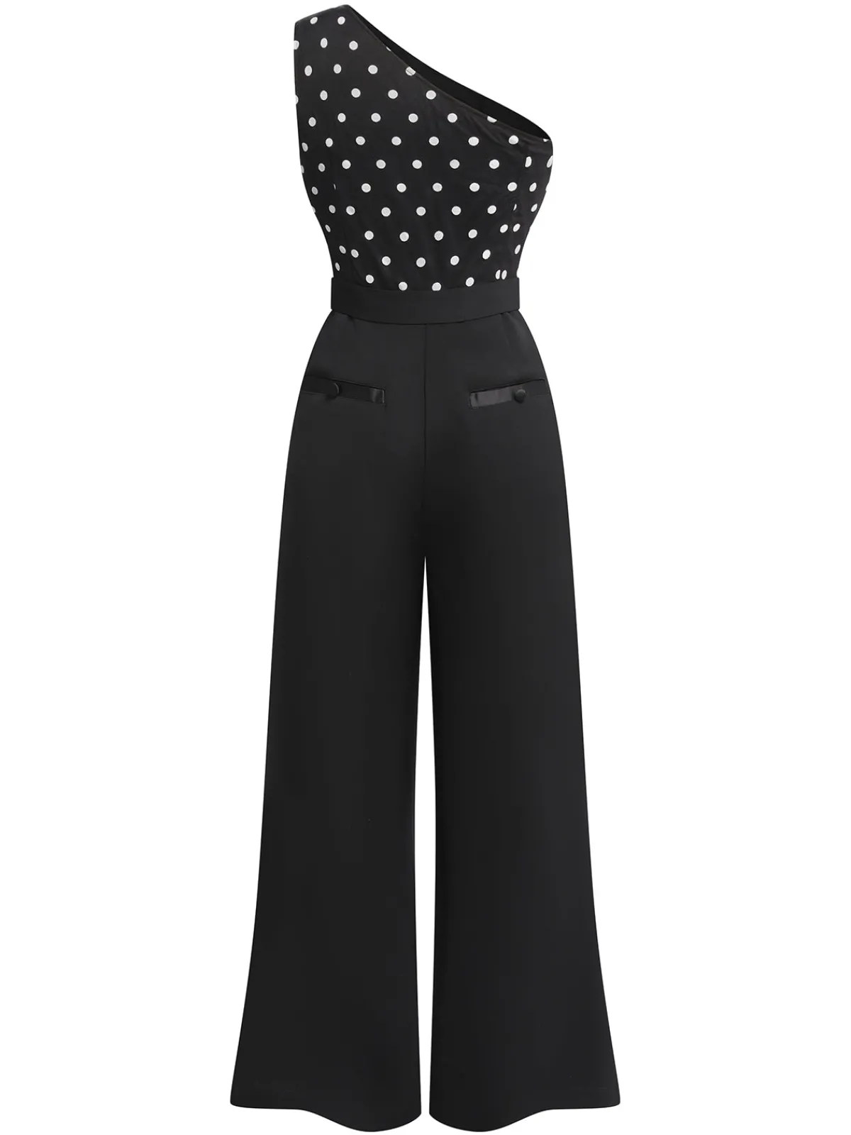 Discount Retro Stage 1930s Polka Dots Patchwork Jumpsuit Black
