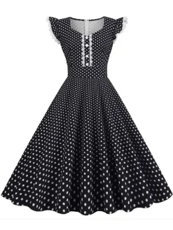 Fashion Retro Stage Black 1950s Polka Dots Ruffles Dress