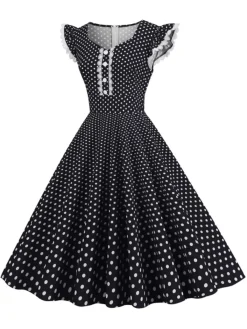 Fashion Retro Stage Black 1950s Polka Dots Ruffles Dress
