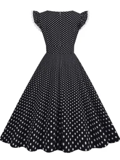 Fashion Retro Stage Black 1950s Polka Dots Ruffles Dress