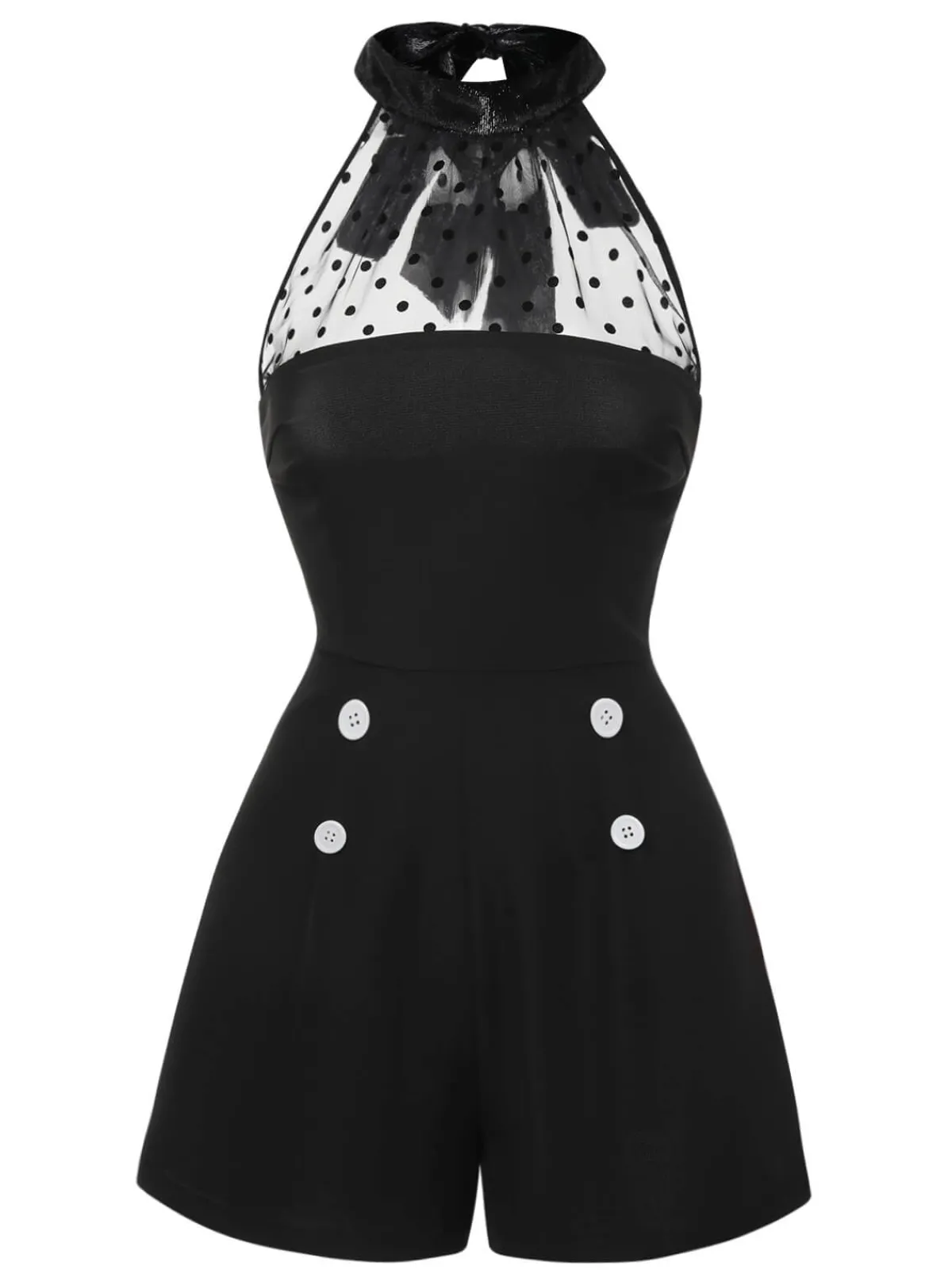 Discount Retro Stage 1950s Polka Dots Sheer Neck Romper Black
