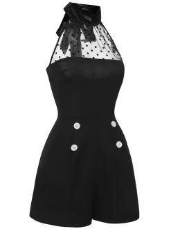 Discount Retro Stage 1950s Polka Dots Sheer Neck Romper Black