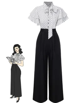 Best Retro Stage 1930s Polka Dots Tie-Neck Jumpsuit Black