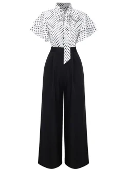 Best Retro Stage 1930s Polka Dots Tie-Neck Jumpsuit Black