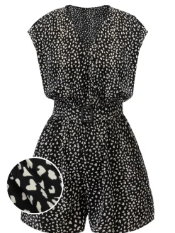 Best Retro Stage 1950s Printed V-Neck Belted Romper Black