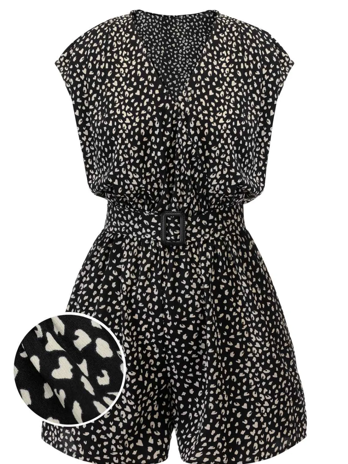 Best Retro Stage 1950s Printed V-Neck Belted Romper Black