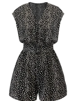 Best Retro Stage 1950s Printed V-Neck Belted Romper Black