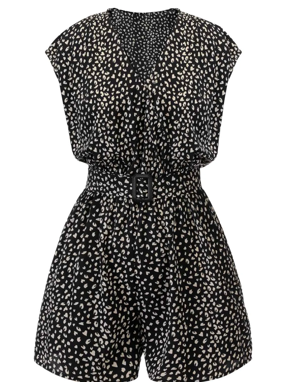 Best Retro Stage 1950s Printed V-Neck Belted Romper Black