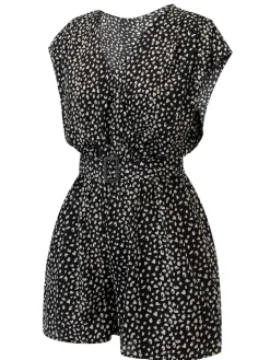 Best Retro Stage 1950s Printed V-Neck Belted Romper Black