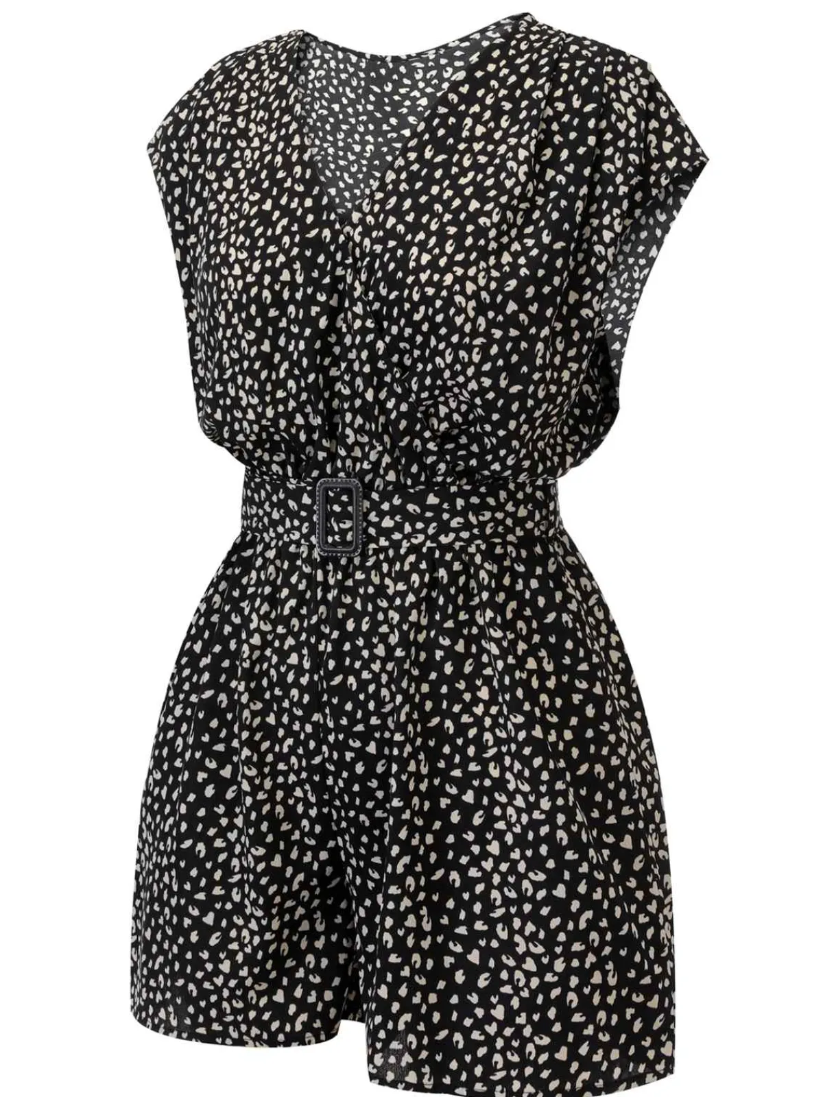 Best Retro Stage 1950s Printed V-Neck Belted Romper Black