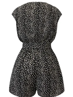 Best Retro Stage 1950s Printed V-Neck Belted Romper Black